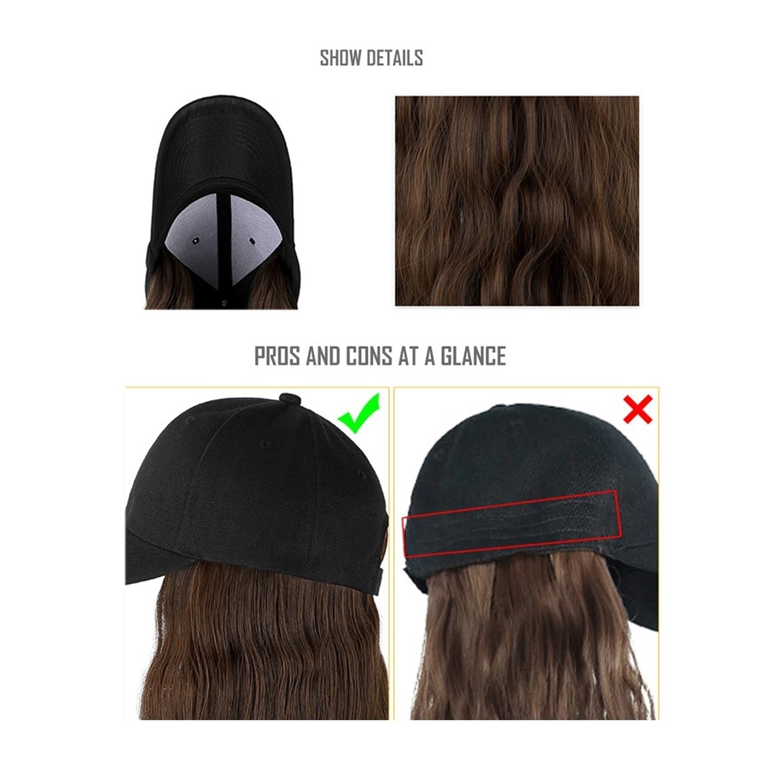 Wig Cap Peluca de gorra béisbol larga y recta con sombrero Pelucas cabello sintético Conectar pelucas ajustable(21)