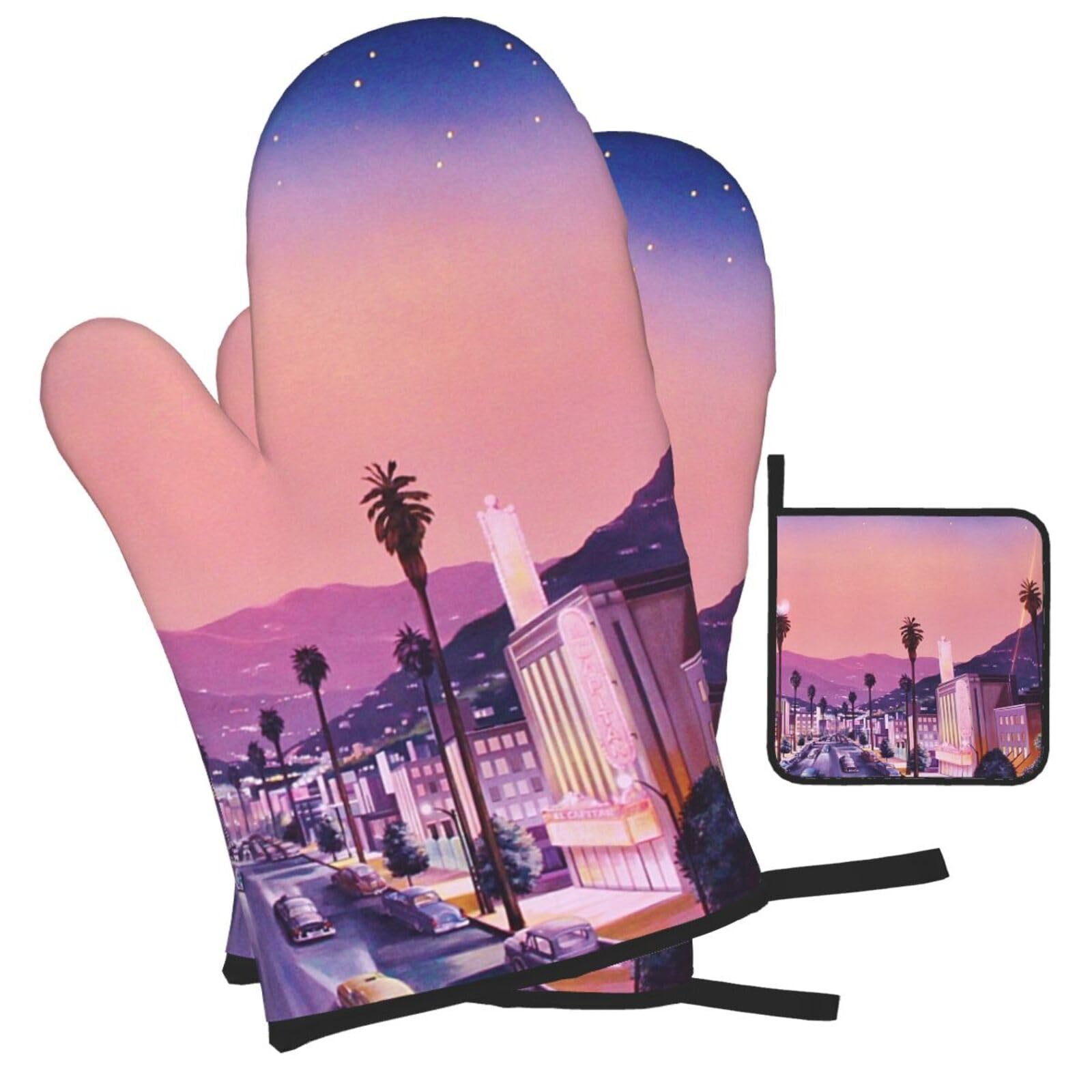 The Old Hollywood Printed Oven Mitts and Pot Holders Heat Resistant Set of 3 Pcs, Modern Kitchen Gloves & Potholders for Cooking Baking Grilling