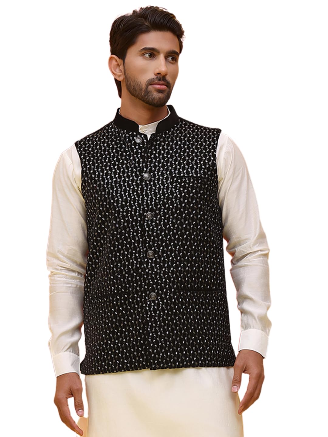 jompers Black Embroidered Velvet Nehru Jacket for Men [Black,M]-picture-33