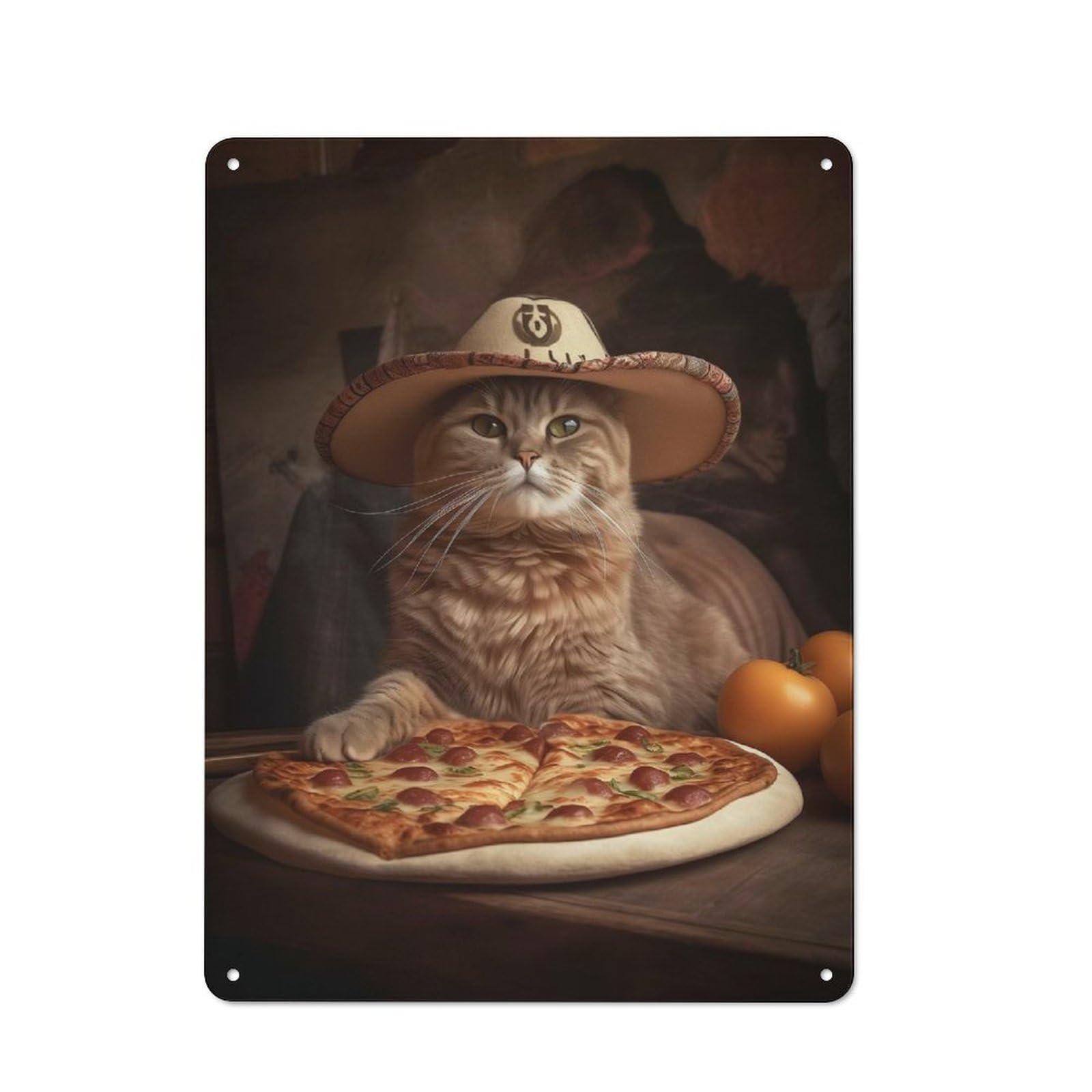 Junmoney Style-9 Kitten Cowboy Loves Pizza Retro Metal Wall Decor 40X30cm, Retro Metal Sign For Garage, Hobby Room, Office Or Man Cave