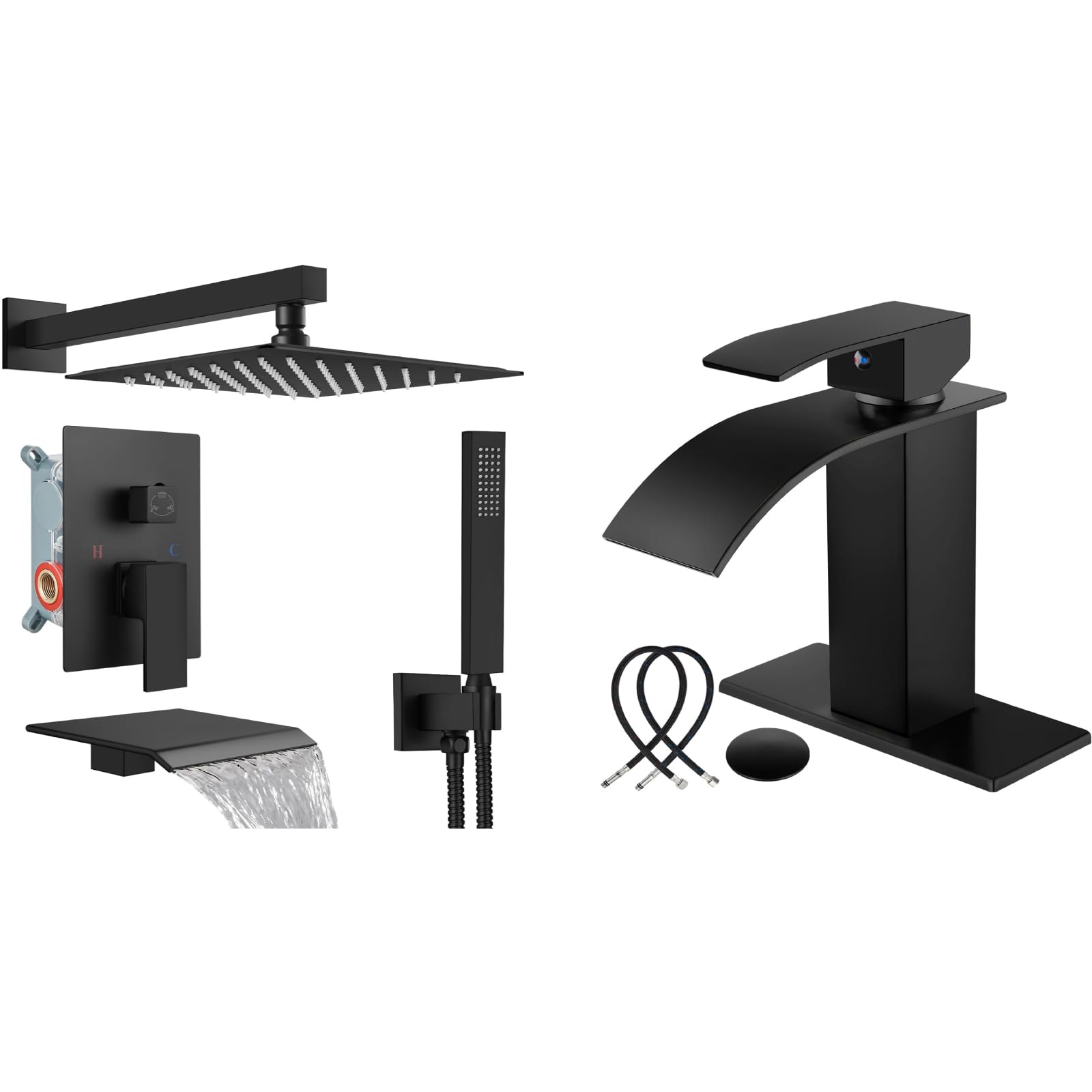Sxithgkdw Women's Black Matte 10 Inch Square Rainfall Shower Head With Handheld Sprayer And Waterfall Tub Spout With Matte Single Handle Hole Bathroom Sink Faucet For Basin