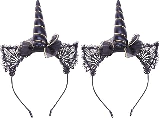 Lace Cat Ears Unicorn Headbands, 2 Pcs Unicorn Horn Headbands Hairbands Lace Cat Ear Hair Hoops Headwears for Halloween Christmas Birthday Cosplay Costume