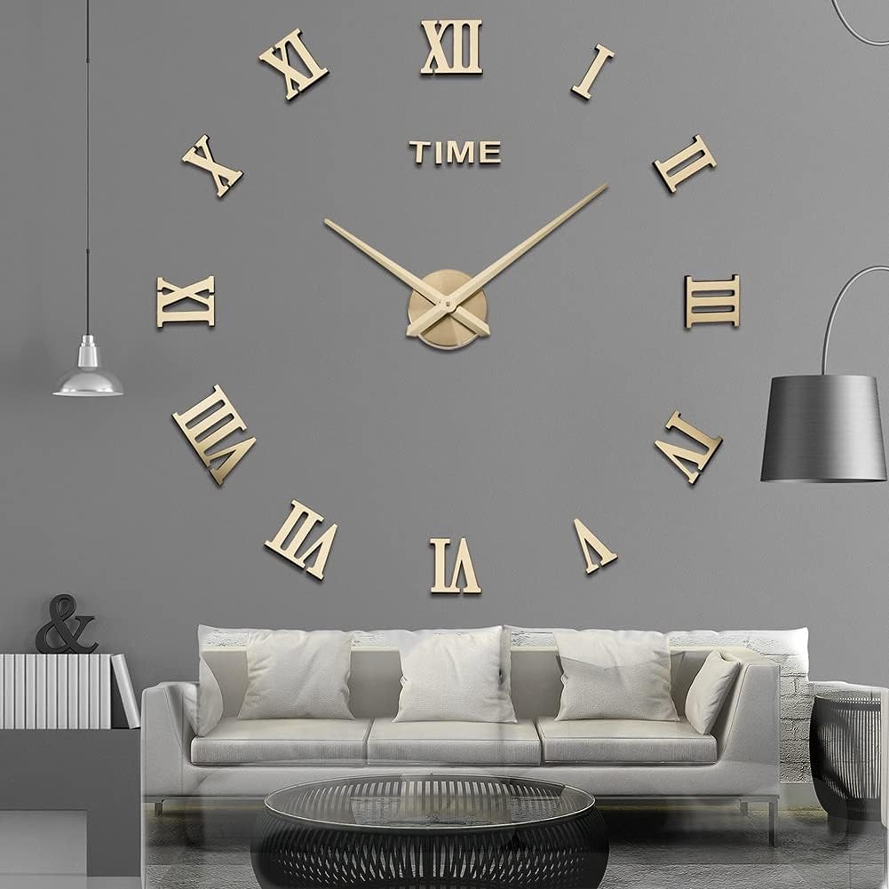 Frameless Mirror Wall Clock, 3D DIY Large Roman Numerals Stickers Self-Adhesive Silent Wall Stickers Decorations for Living Room (Color : Silver, Size : D28-35in)