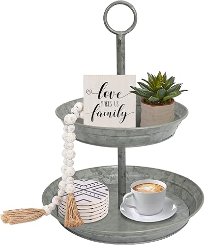 FLORA Farmhouse - Bandeja galvanizada de 2 niveles con asa de transporte, bandeja de exhibición de metal rústico para cupcakes, postres y frutas,