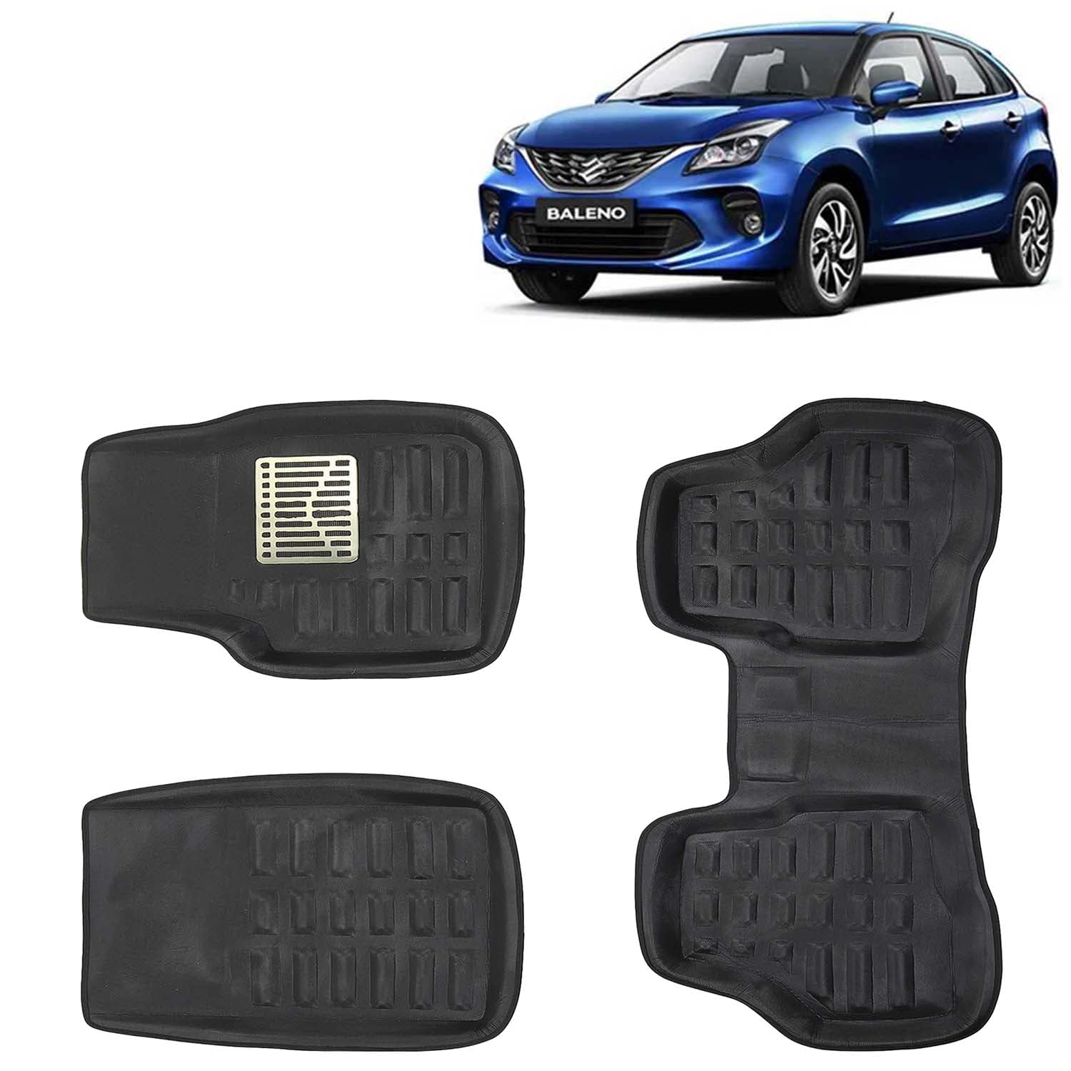 Kingsway Maruti Suzuki Baleno Car Mat 3D, Only Compatible with Year 2019 to 2022 All Model, Complete Set of 3 Pcs Car Floor Mats, Premium Car Accessories, Tray Shape PVC 3D Foot Mats, Washable, Black