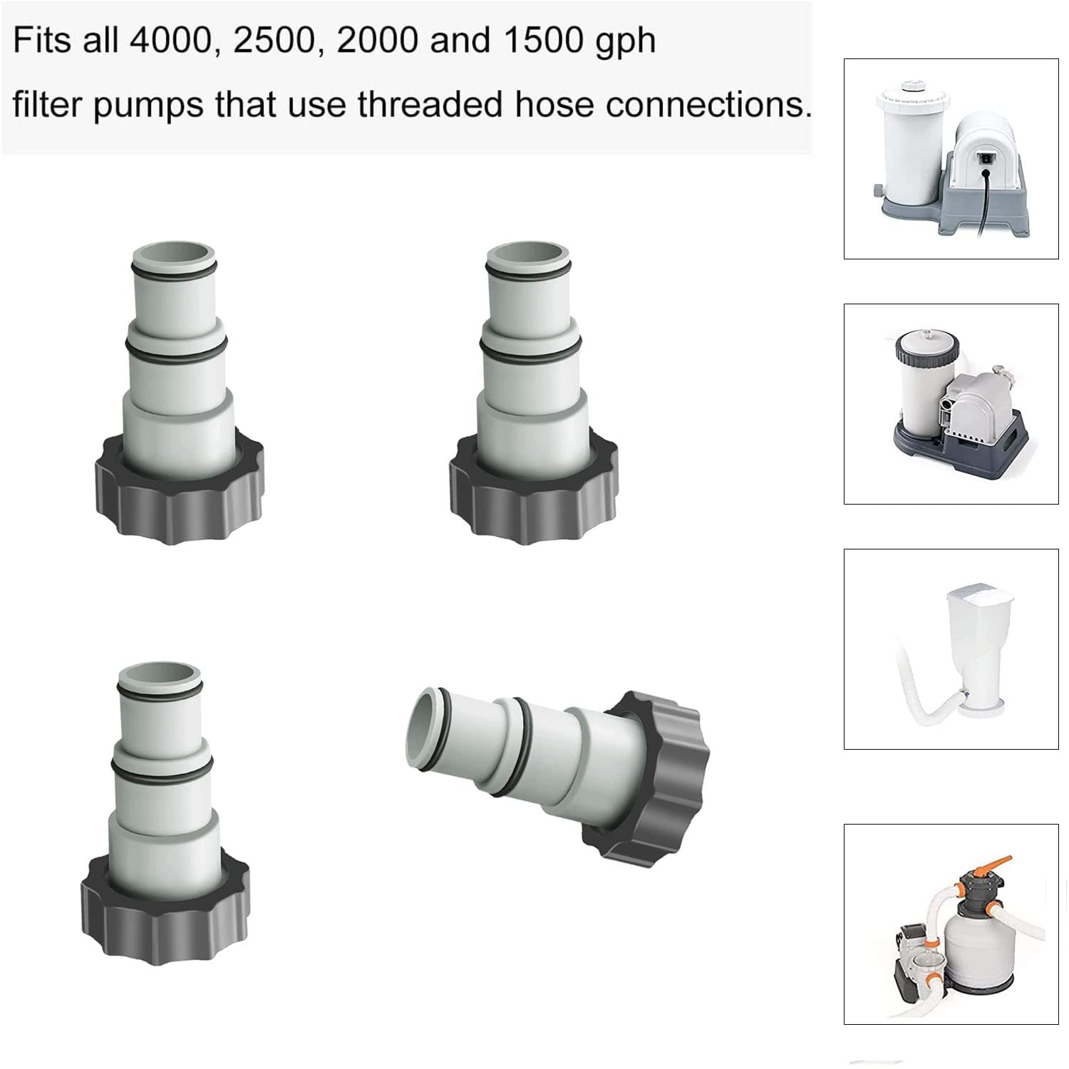 MEISO 4 Pièces Adaptateur Piscine, Remplacement Adaptateur de Tuyau Série Intex A avec Filetage, Tuyau de Diamètre 1,5" et 1,25", Adaptateur de Pompe pour Kits de Piscine