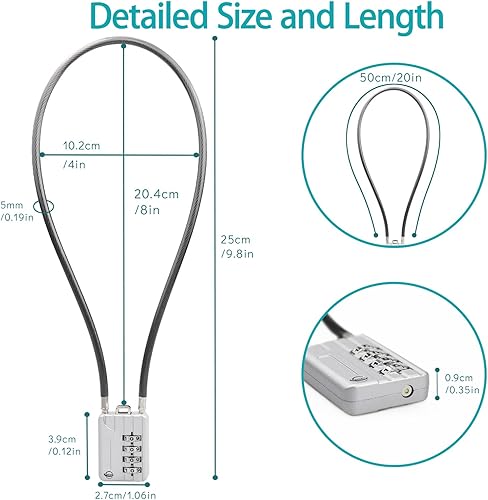 Miniatura 2 de Cerraduras de cable de 19.7 in de largo, cerradura de combinación de 4 dígitos, cerradura de cable de seguridad reajustable, para equipaje, maleta,