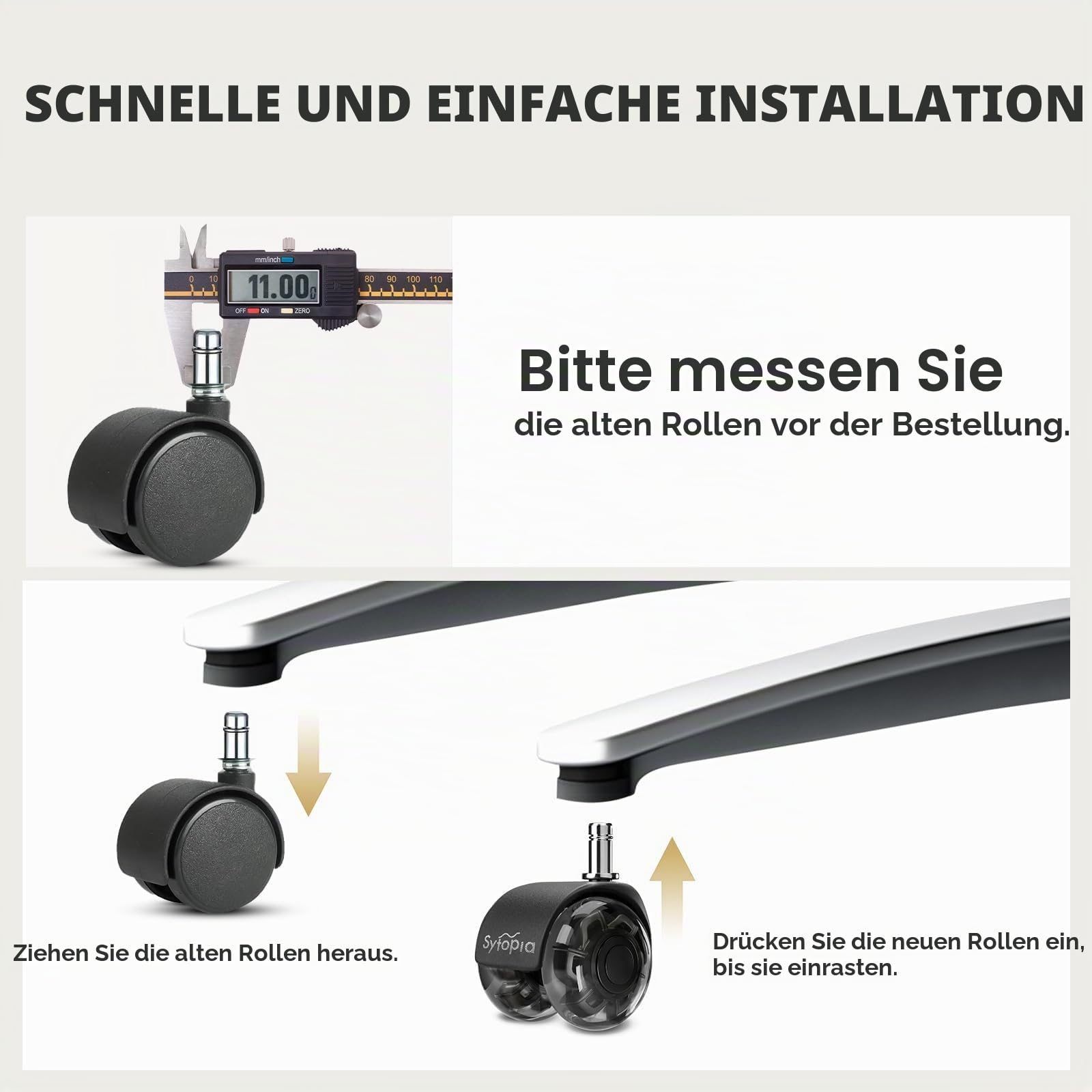 Glatte Gummi Bürostuhl Rollen, 5er Set Rollen für Bürostühle, Hartbodenrollen für Bürostuhl Stuhlrollen Ersetzen Bodenschutzmatte, Leise und Weiche Stuhlrollen mit 11x22mm (Nicht für 1KEA), Schwarz