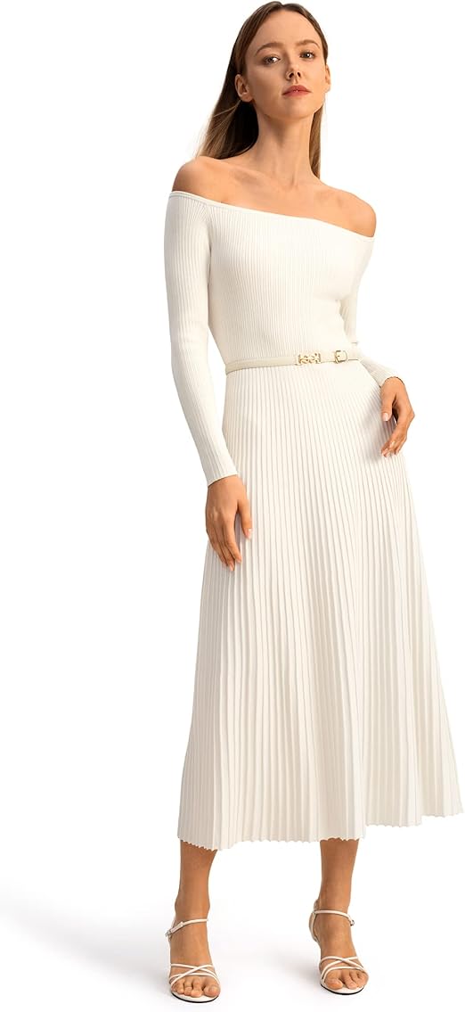 LilySilk Vivi Knit Silk Dress for Women Boat Neck Could Shoulder Long Sleeve Midi Knitted Dresses Ladies Soft Comfortable