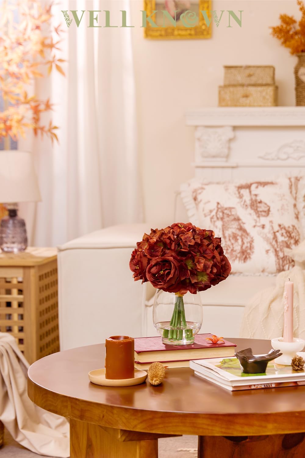 Burnt Orange Silk Peonies Artificial Flowers & Hydrangea in Glass Vase with Fake Water, Fake Austin Rose Bouquet with Vase for Fall Home Hotel Office Wedding Party Decor as Table Centerpieces & Gift - Image 3