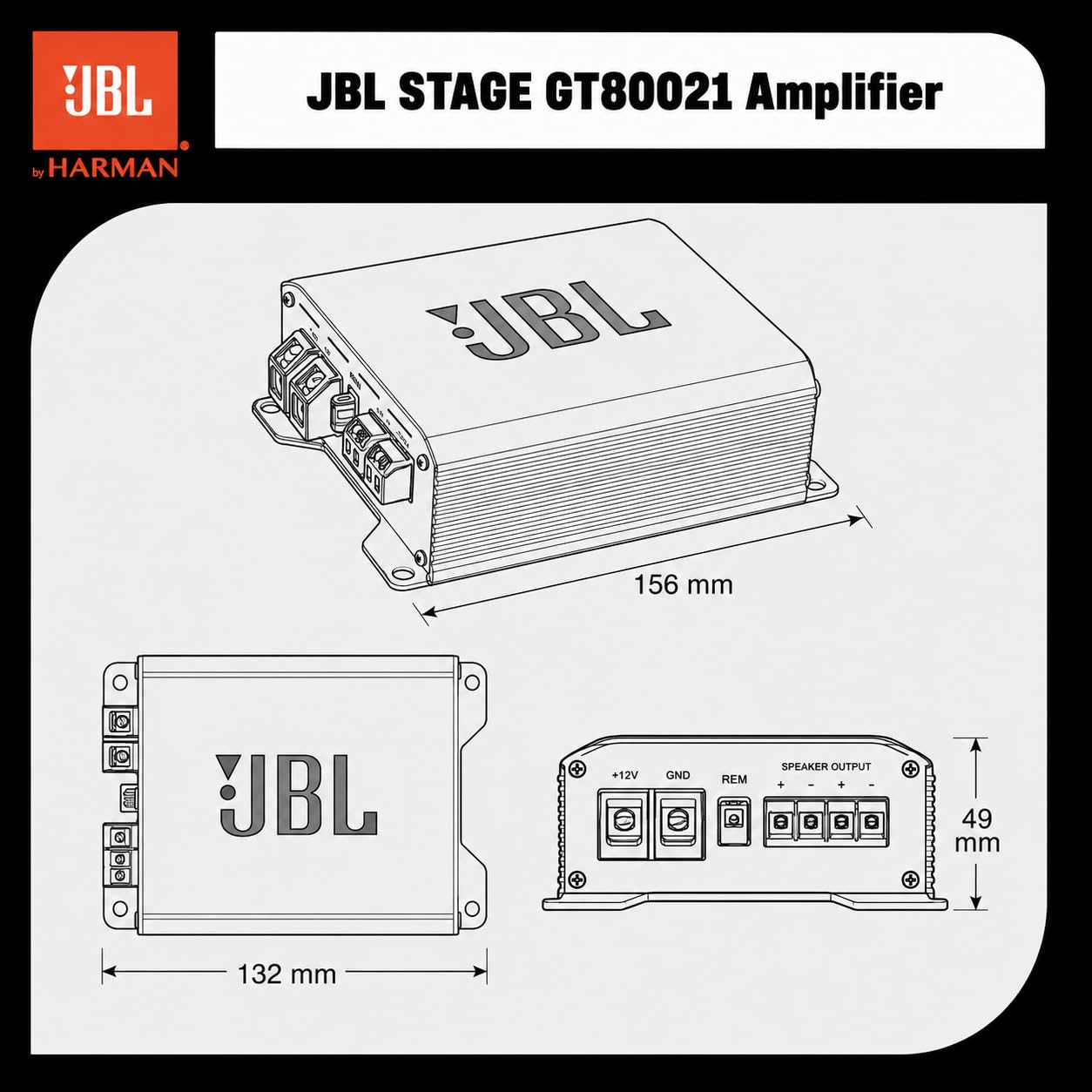 JBL Amplificateur Audio Stage GT 80021 - Compact et Puissant Ampli Voiture 2-Canaux Max 800W, 130W RMS x2 à 2 Ohm, Pour Haut-parleurs Avant ou Subwoofer Bridging, Protection Integrée