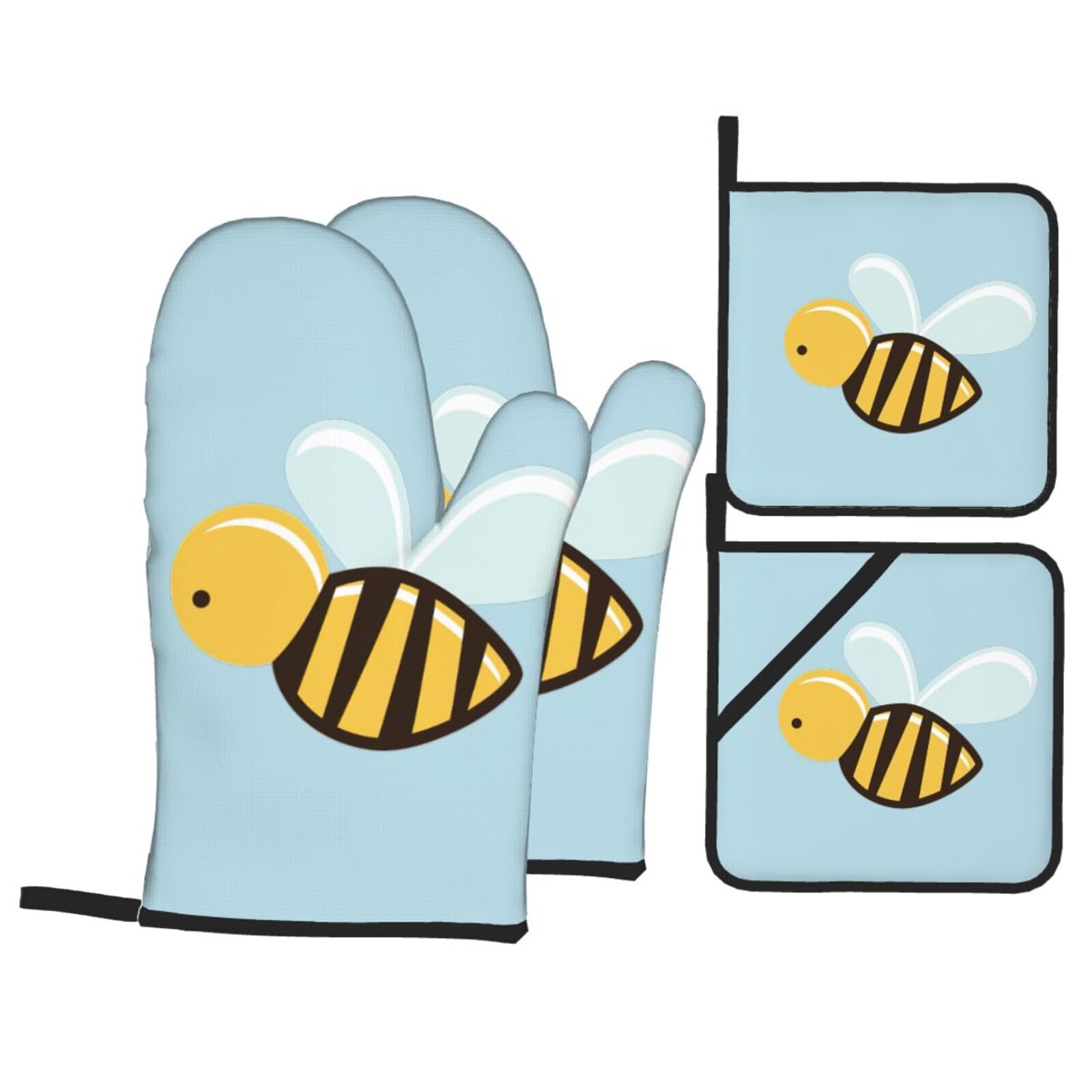 Cartoon Bee Print Oven Microwaving Waterproof Kitchen Gloves for Baking Grilling Holiday Cooking