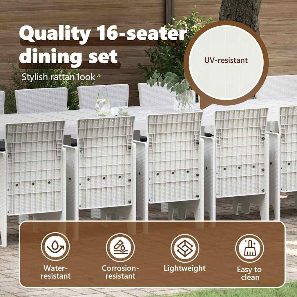 vidaXL Set da Pranzo da Giardino con Cuscini 17 PCS Bianco PP, Set da Pranzo per familiari all'aperto, Rettangolare, arredo Moderno, Chic per Feste in Giardino