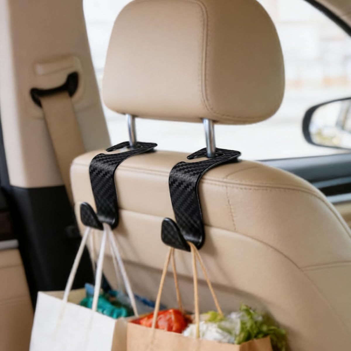 Paquete de 4 ganchos para reposacabezas de asiento de coche, organizador universal para bolsos, abrigos y comestibles, negro con textura