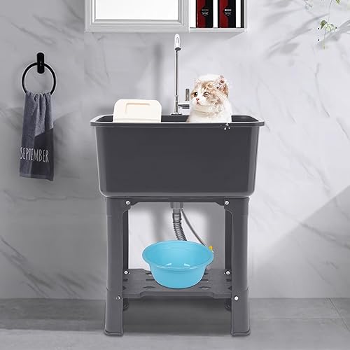 Miniatura 4 de Fregadero de lavandería independiente Fregadero de utilidad Estación de lavado de plástico con grifo, estación de lavado multiusos Sótano, Tina de