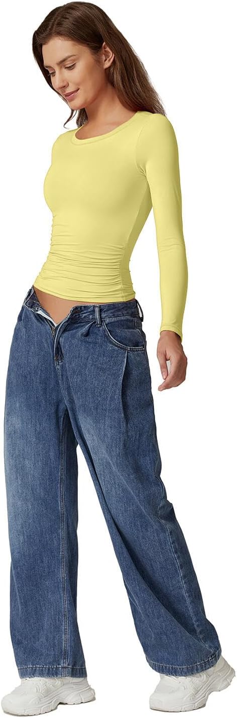 QINSEN Womens Crewneck Long Sleeve Shirt Double Lined Basic Tees Side Ruched Going Out Crop Tops - Image 6