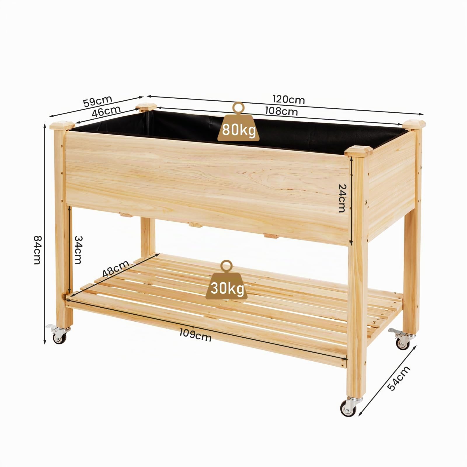 RELAX4LIFE Huerto Urbano con Ruedas Bloqueables y Estante para Maceteros y Herramientas, Jardinera Exterior de Madera Abeto con Orificios de Drenaje y Tela no Tejida para Terraza/Jardín, 120x59x84cm