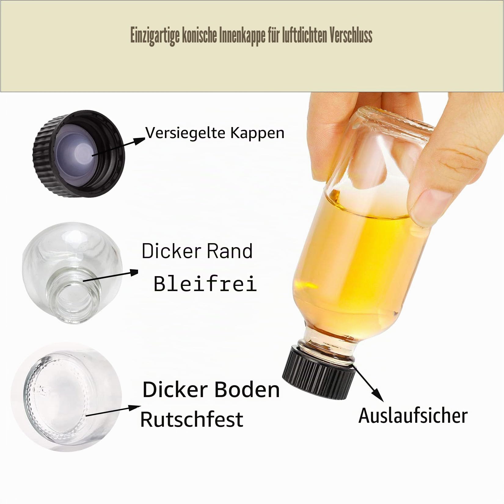 DIDITIME Kleine transparente Glasflaschen mit Deckel und 4 Trichtern – 60 ml Boston runde Probenflaschen für Trank, Saft, Ingwer, Shots, Öle, Whiskey, Wellness-Shots, Mini-Reiseflaschen, 24 Stück
