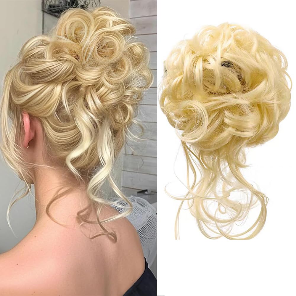 Große Dutt Haarteil Haargummi Mit Haaren Hochsteckfrisuren, Gelockt Messy Bun Haarteil mit Gummiband für Frauen Mädchen Blond