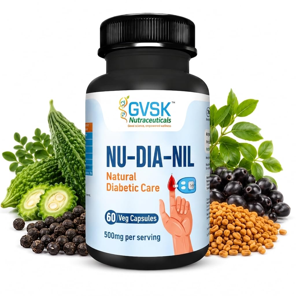 GVSK NU-DIA-NIL Natural Diabetic Care Supplement, Blood Sugar Support Capsules with Bitter Gourd, Jamun, Gymnema, Fenugreek & Black Pepper - Glucose Metabolism & Insulin Support - 60 Veg Capsules