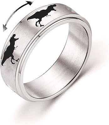 INENIMARTJ Dinosaur Fidget Rings for Women Men Stainless Steel Spinner Ring Dinosaur Anxiety Ring Jurassic Dinosaurs Anxiety Spinning Ring for Teen Girls Boys Gifts (A Tyrannosaurus, 6)