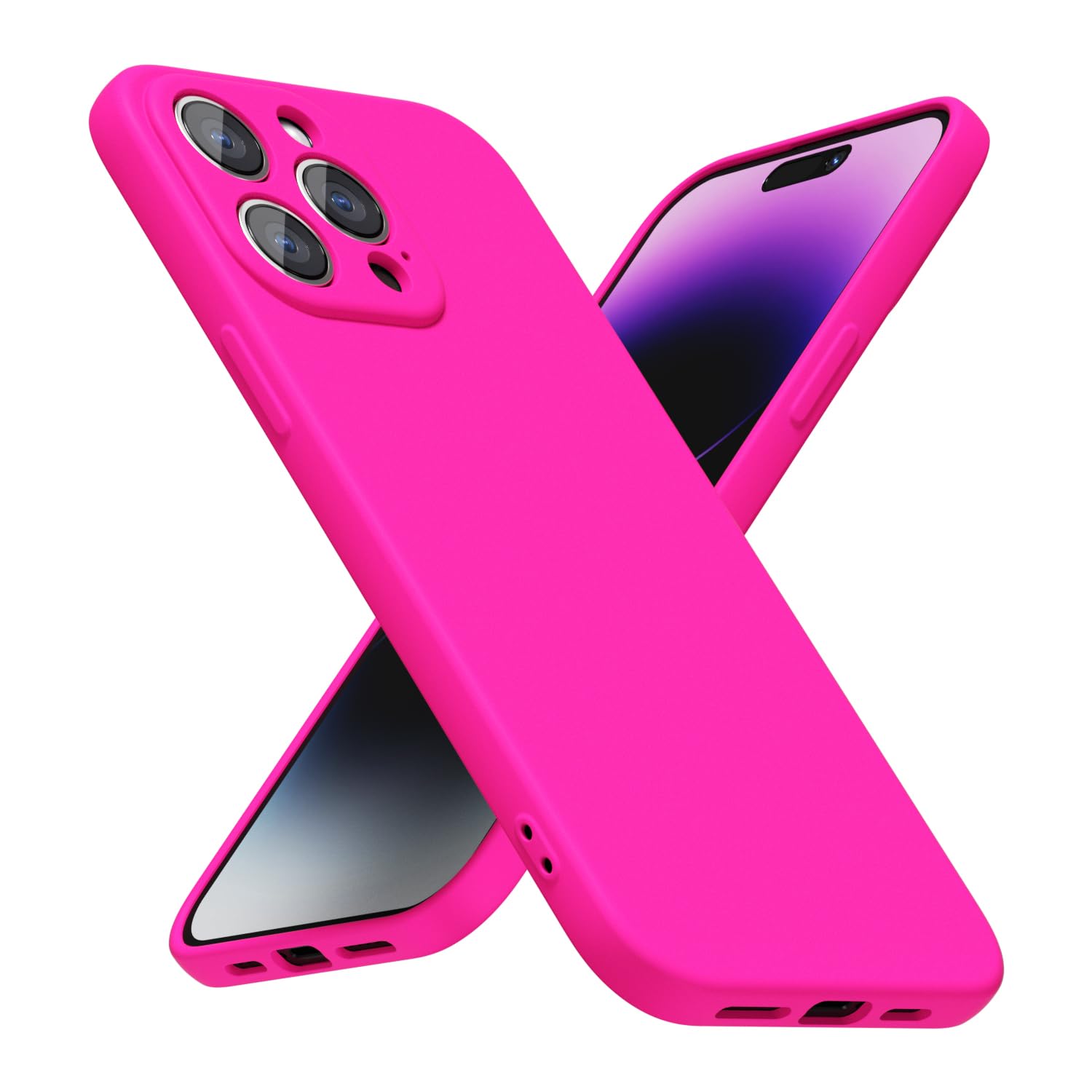 Silicone Case for iPhone 14 Pro Max, Ultra Thin Slim Minimalist Soft Rubber Gel Matte Phone Case for Women Men, Cute Girly Aesthetic Protective Case with Camera Cover, Neon Hot Pink