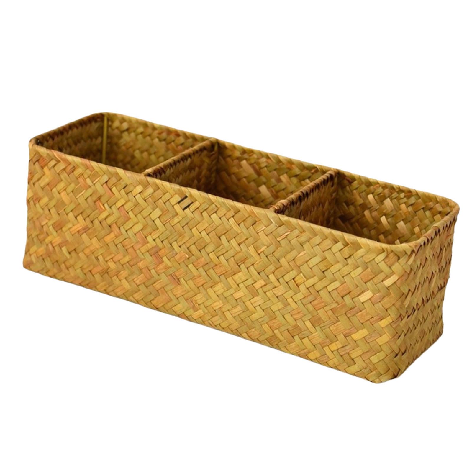 Tsophreniq Handwoven Sea Grass Storage Box for Desk Organization 3 Compartment Desktop Basket with Lid Desk Organiser Sea Grass Organiser