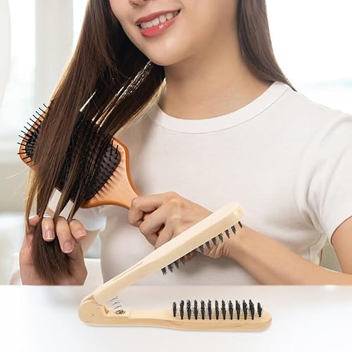 Miniatura 8 de Cepillo de pelo con abrazadera de cerdas de jabalí cepillo alisador de pelo de madera, peine alisador marrón para mujeres y niñas