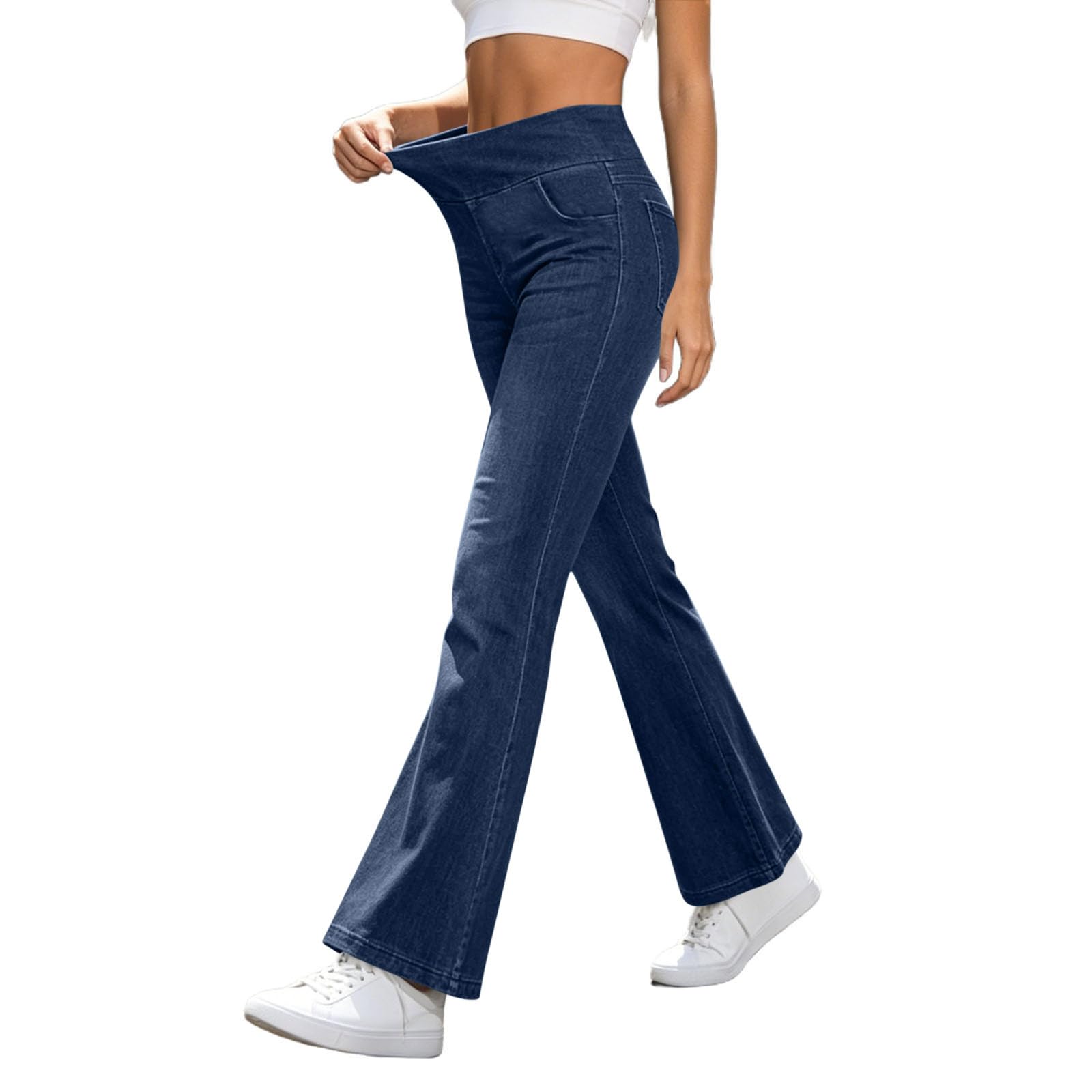 Générique Pantalon De Jean Évasé pour Femme avec Taille Haute Élastique Et Poches - Pantalons Style Rétro À Coupe Cloche, Idéal comme Pantalon Décontracté pour Le Quotidien Et Le Week-End.