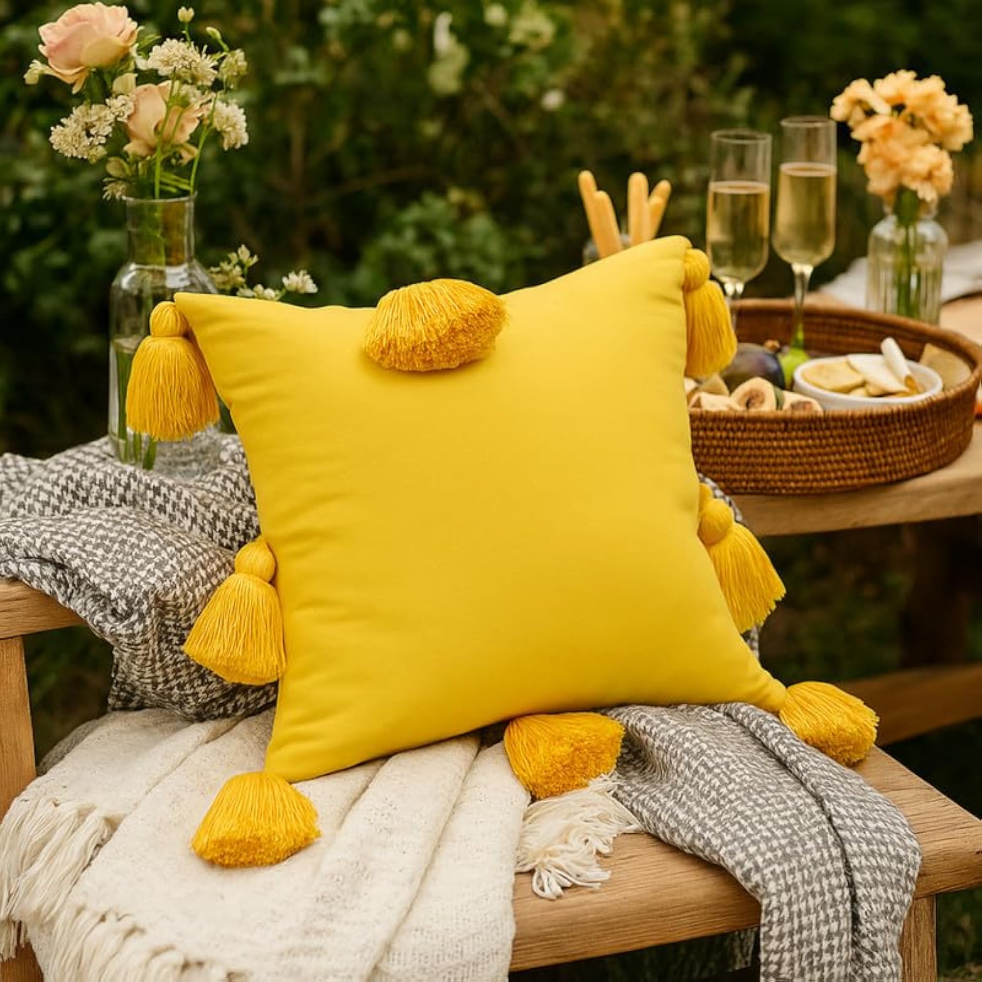 Yellow Tassel Cushion Cover, Boho Throw Pillow Cover