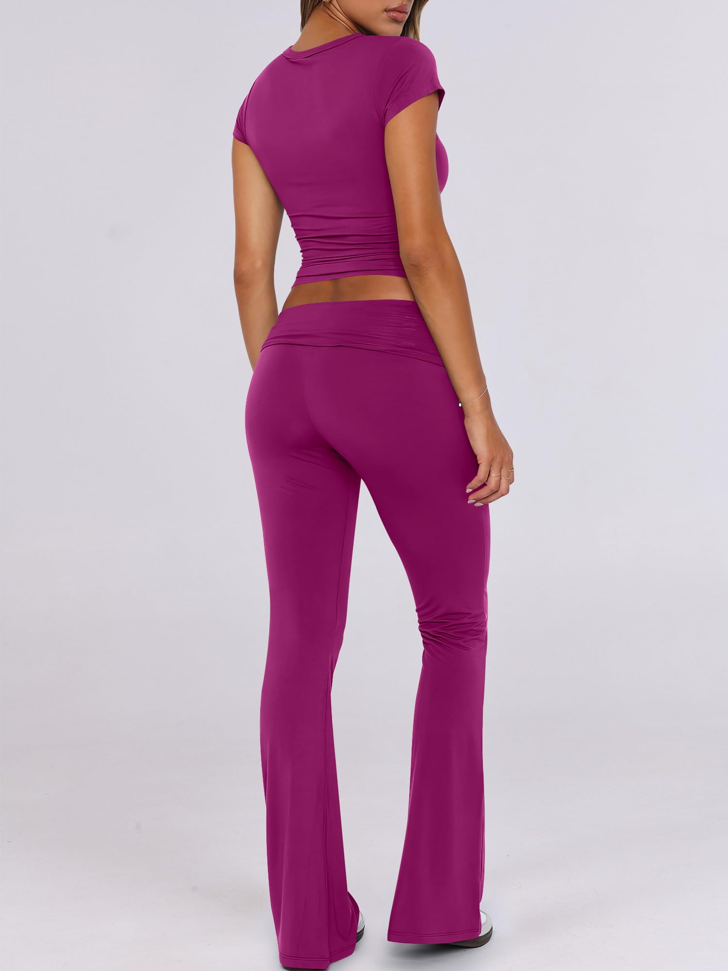 ANRABESS Lounge Sets for Women 2 Piece Foldover Yoga Flare Leggings Pants Crop Tops Casual Y2K Outfits Matching Tracksuit Set: Medium Hot Pink