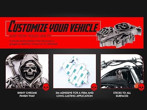 Miniatura 4 de Calcomanía 3D de la parca – Emblema de calavera negra cromada para cualquier superficie plana – Accesorio duradero y elegante para automóvil, camión