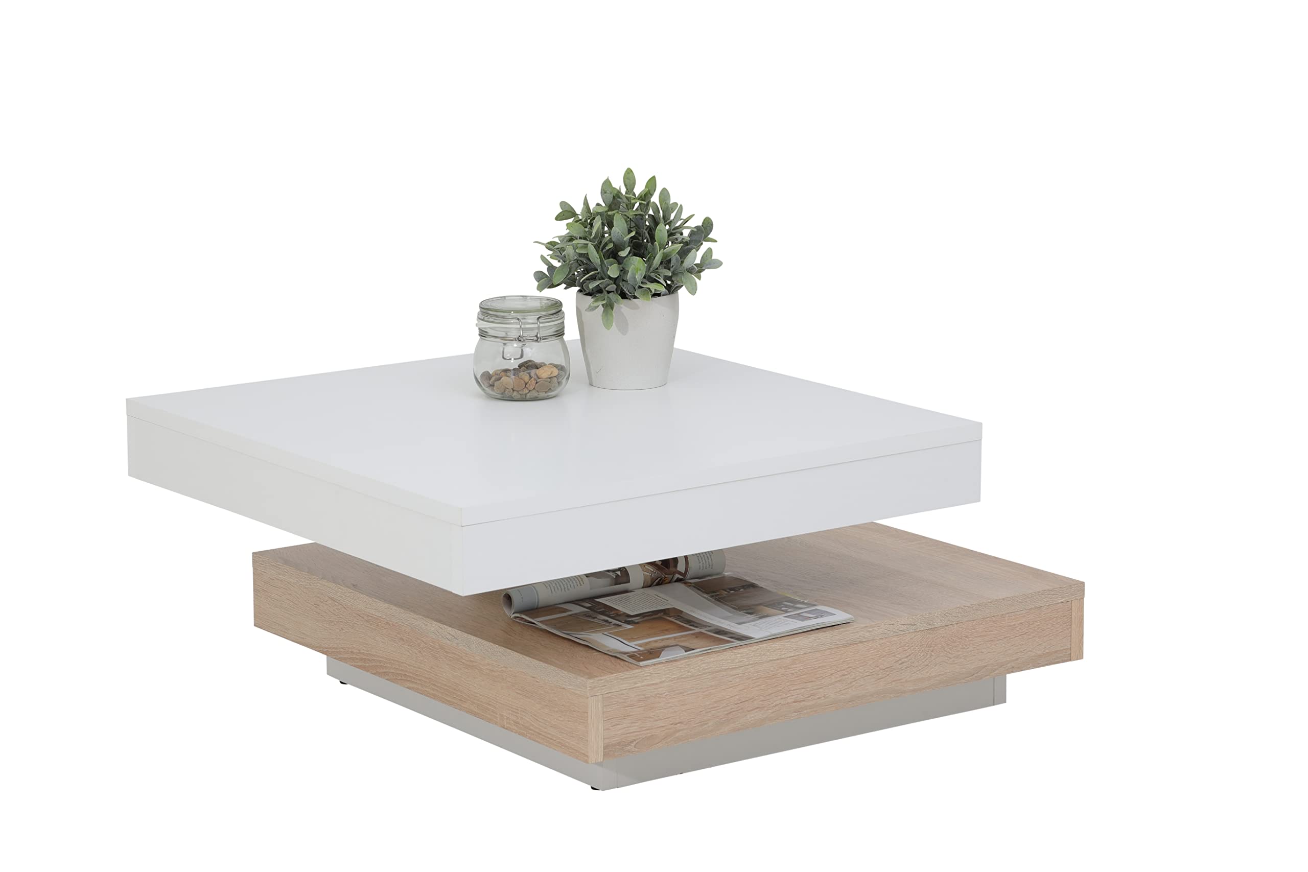 Table Carrée Design Table Basse Andy Hela - Plateau Pivotant 360° - Rangement Intégré - Blanc/Chêne Sonoma - 67x67x35cm Table Carrée Moderne Table Carrée Design Table Basse Andy Hela - Plateau Pivotant 360° - Rangement Intégré - Blanc/Chêne Sonoma - 67x67x35cm Table Carrée Moderne