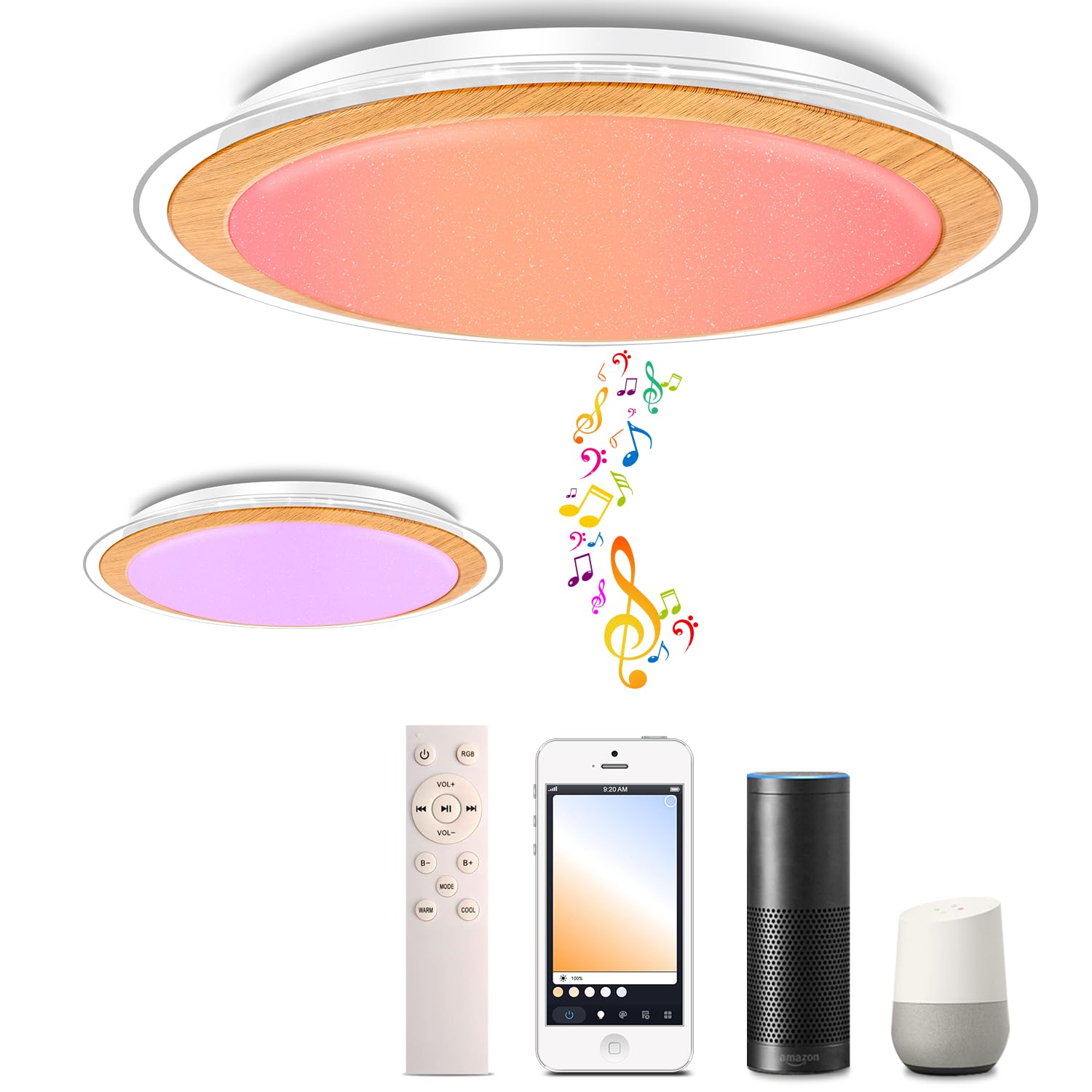 chysongoods Bluetooth Ceiling Light (with Remote Control), 43cm 45W, Compatible with Google Home and Bluetooth Speaker, dimmable and Color-Adjustable, Suitable for Kitchen, Bedroom, and Living Room