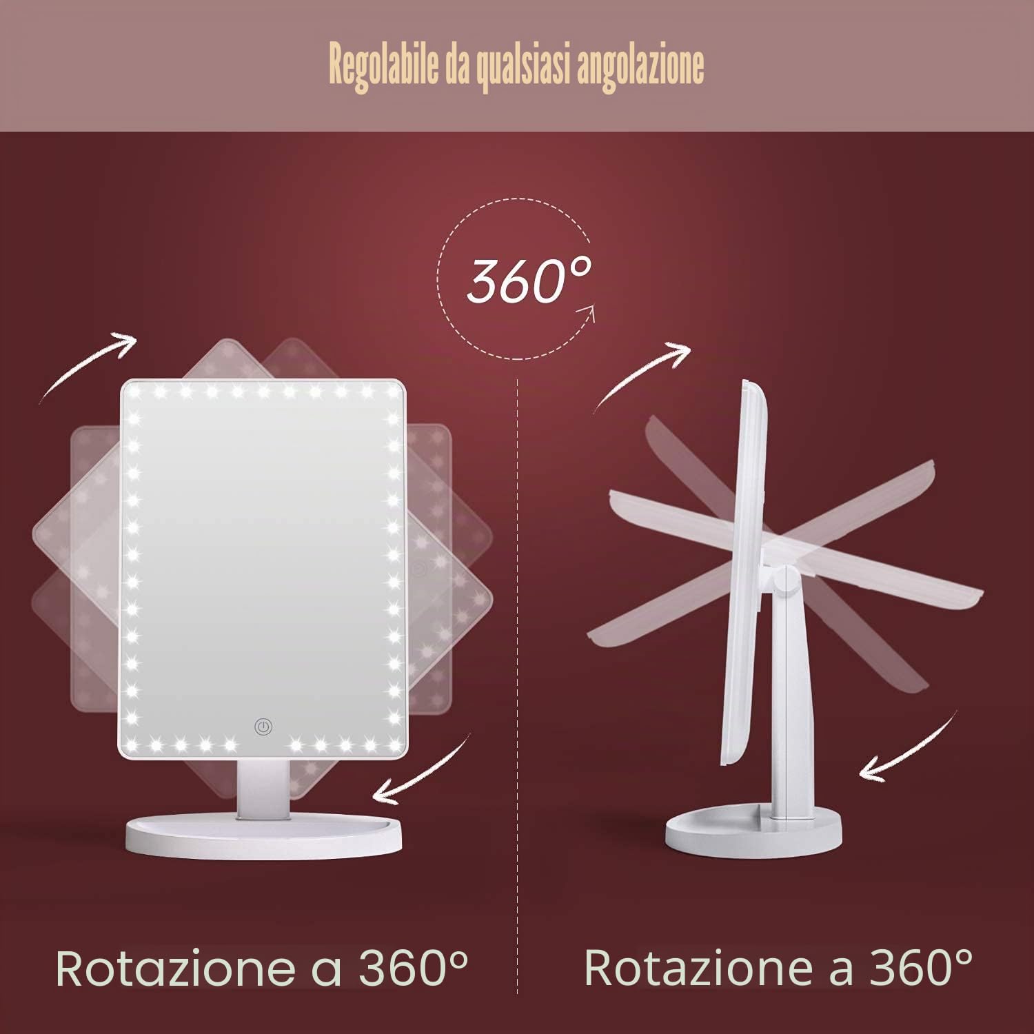 Ricaricabile Grande Specchio Trucco con Luci, 45 LED Schermo Tattile Lampade da Cucina con Ingrandimento 10x Regolabile 360° di Rotazione con Batterie per Cosmetici Specchio Ingranditore (Bianco)