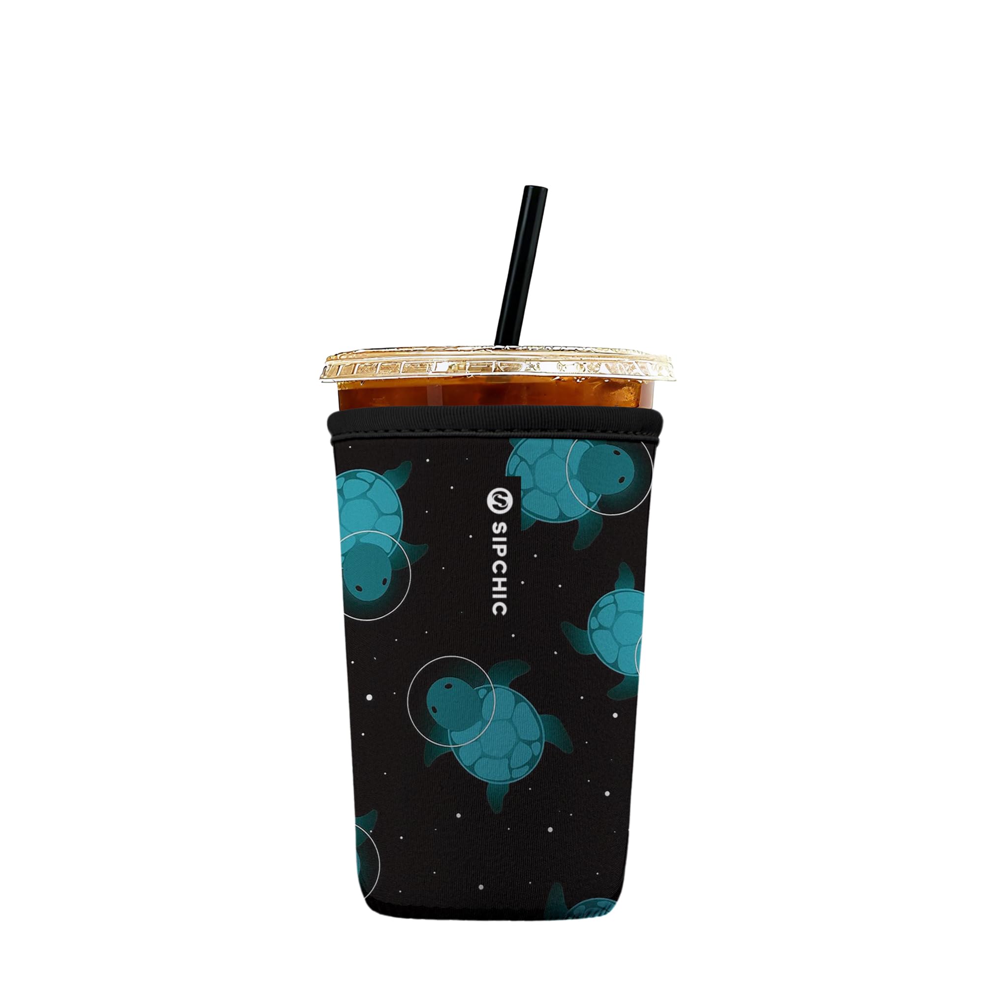 Iced Coffee Sleeve – Neoprene Reusable Cup Sleeves for Drinks, Insulated Drink Sleeves to Keep Hands Dry &amp; Drinks Cold, Stylish &amp; Durable Coffee Sleeves (Space Turtles, Medium: 22-29oz)