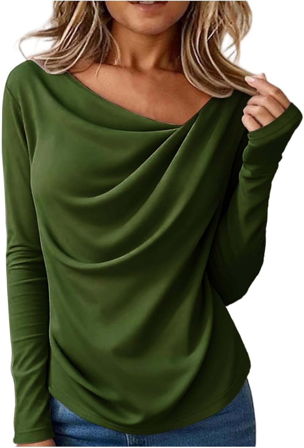 Women's Elegant Cowl Neck Long Sleeve Ruched Y2k Spring Fashion Work Office Dressy Casual Blouse
