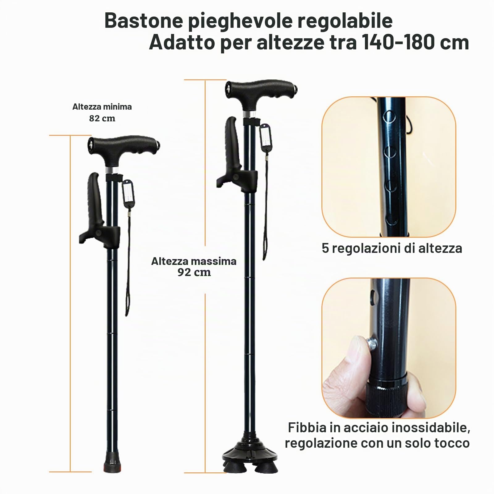 Bastone Passeggio Pieghevole Regolabile 82-92cm Luce LED Supporto 250kg Portata 5 Altezze Impugnatura Antiscivolo Anziani