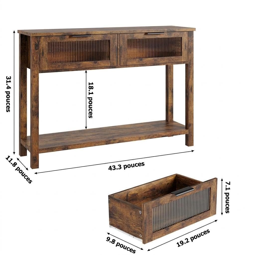 GarveeHome Mesa Consola Farmhouse Estrecha de Madera clásico marrón - 2 Niveles, cajones de Vidrio, Almacenamiento versátil - Acabado clásico 25 años