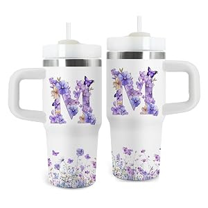 Letter M Tumbler Gifts 14oz Letter M Themed Tumbler with Handle and Straw Stainless Steel Double Wall Vacuum
