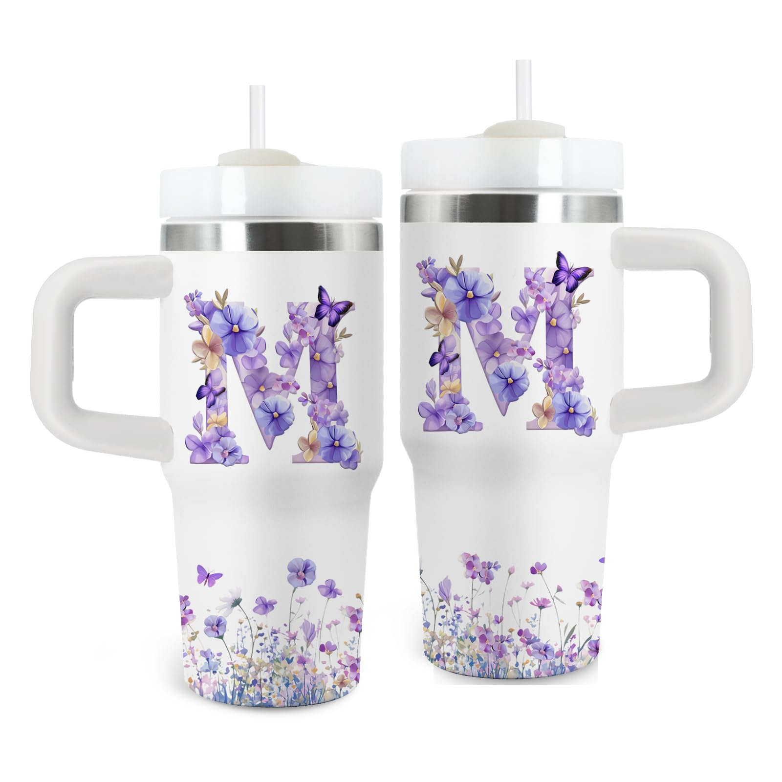Letter M Tumbler Gifts 14oz Letter M Themed Tumbler with Handle and Straw Stainless Steel Double Wall Vacuum