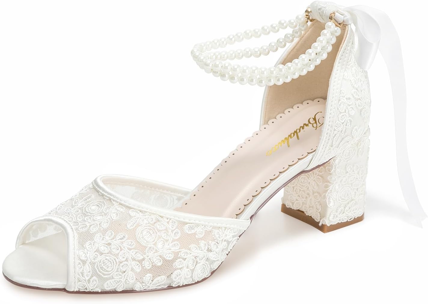 10520 Women Peep Toe Wedding Shoes - Pearl Ankle Strap