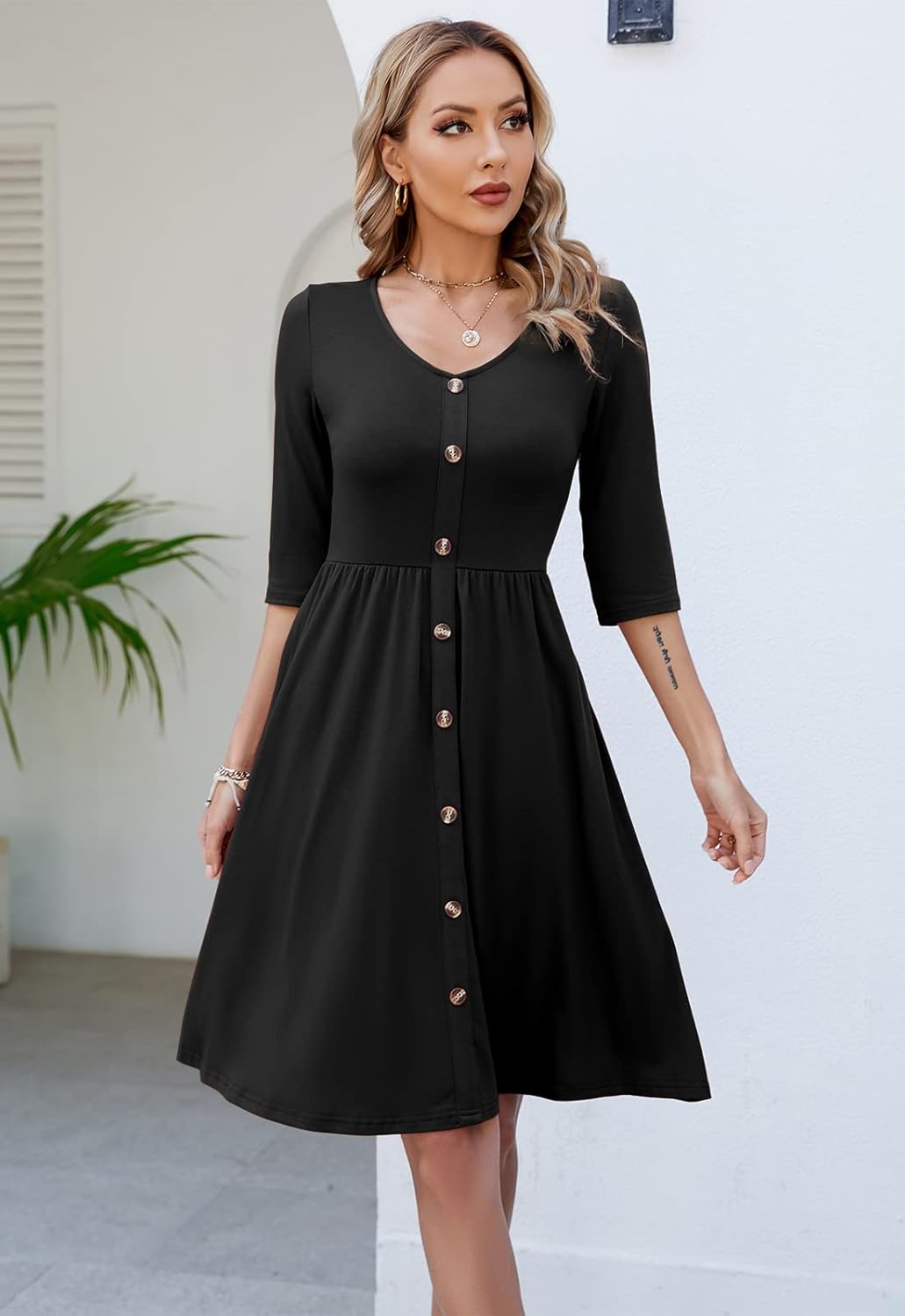 Lamilus Women's Casual Fall 3/4 Sleeve V-Neck Button Down A-Line Swing Party Dress - Image 5