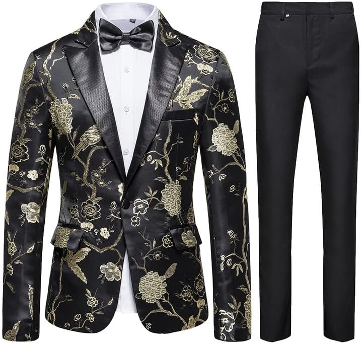 Men's 2-Piece Suits Stylish Flower Bird Embroidery Blazer for Men Dinner Party Wedding Prom(Jacket+Pants+Bow Tie)