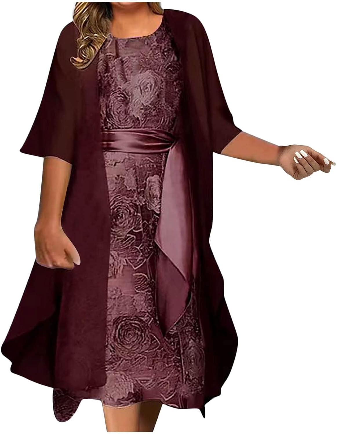 2 Pieces Mother of The Bride Dresses for Wedding with Jacket Tea Length Lace Applique Wedding Guest Dresses for Women