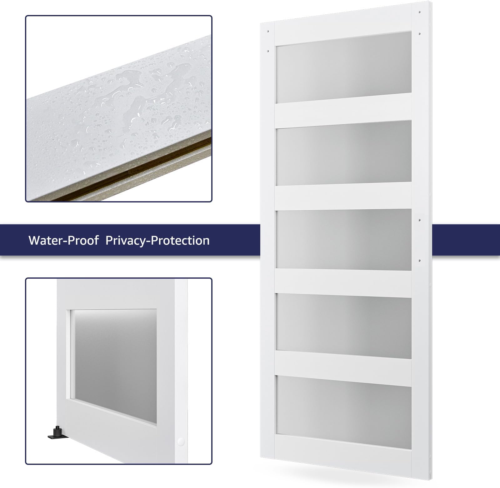 36in x 96in Glass Barn Door with 6.6ft Barn Door Hardware Kit & Handle, Pre-Drilled Holes Easy Assembly -Solid Barn Door Slab Covered with Water-Proof PVC Surface, White, 5 Panel