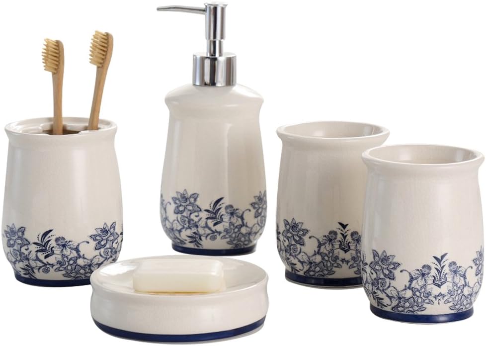 Bathroom Accessory Set Storage & Organization Ceramic 5 Pieces Set,Including Toothbrush Holders,2 Gargle Tooth-Brushing Cups,Soap Dishes,Soap & Lotion Dispenser Pump Blue