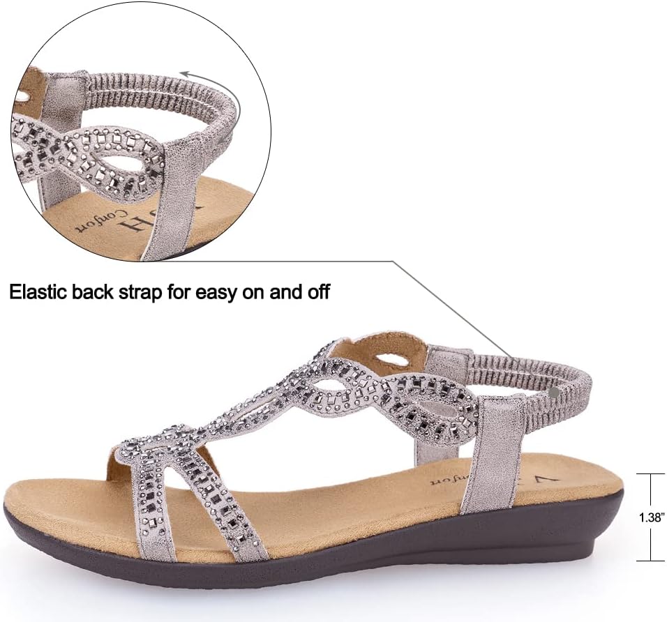 VJH confort Women’s Flat Sandals,Comfort Elastic Strap Rhinestone Open Toe Slip-On Casual Walking Sandals - Image 3