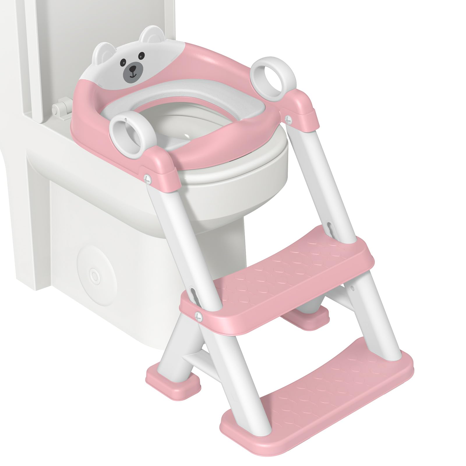 Riduttore WC Bambini, Sedile Rialzato per Bambini Maschi e Femmine, Riduttore WC 2 in 1 con Scaletta, Riduttore WC Sedile del Water con Seggiolino per Bambini, Pedana Antiscivolo Anti-Spruzzo, Rosa