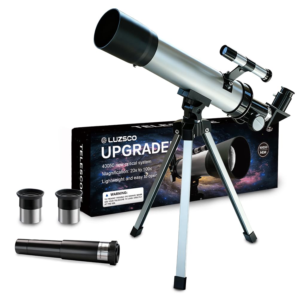 Télescope pour Enfants 50mm 100x Magnification Débutant Argent Telescopio avec Trépied, 2 Oculaires, Lunette de Visée, Ensemble Éducatif STEM pour l'Astronomie - Cadeau de Noël pour Garçons & Filles